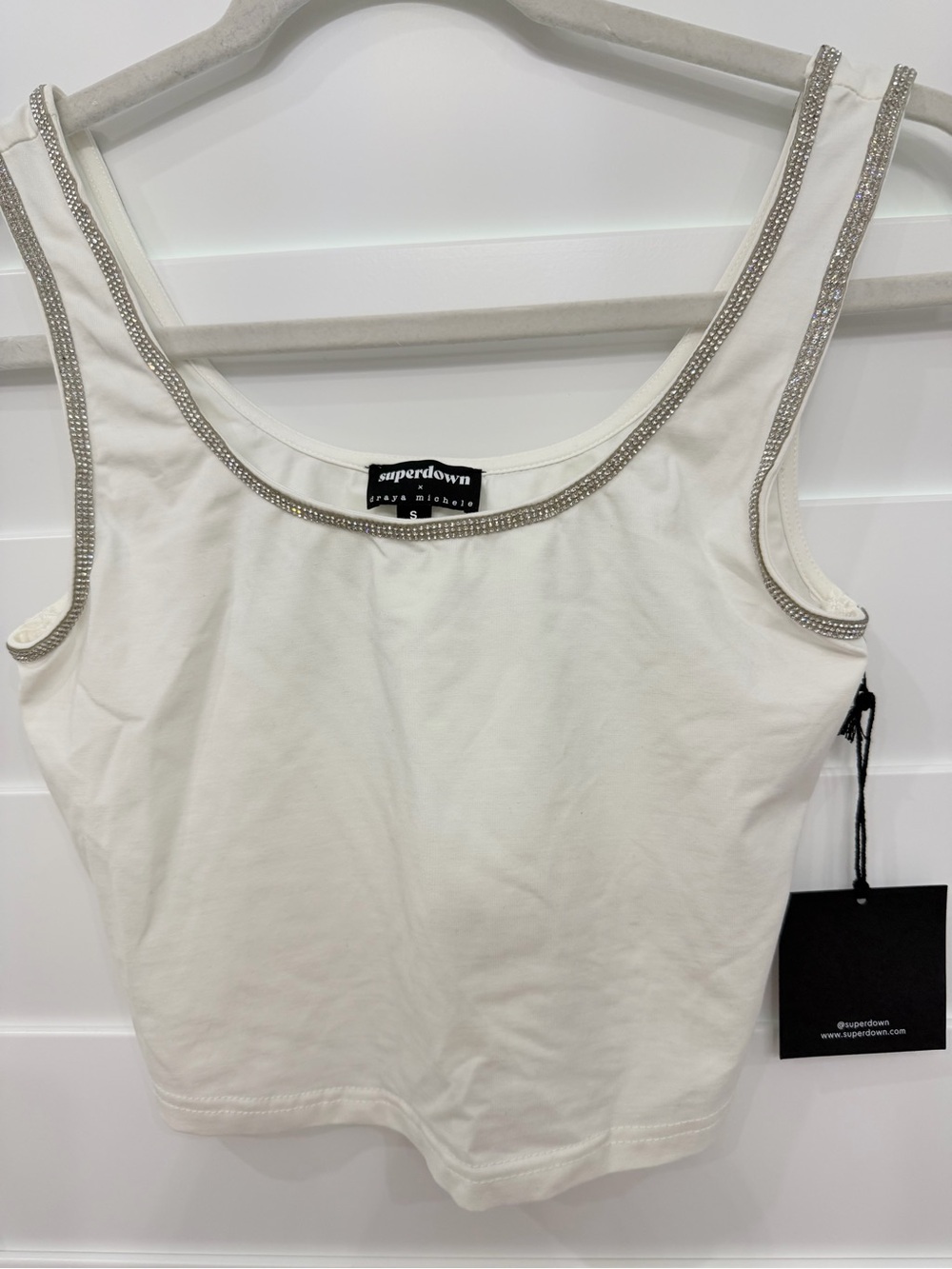 superdown White Tank Top with Rhinestone Trim
